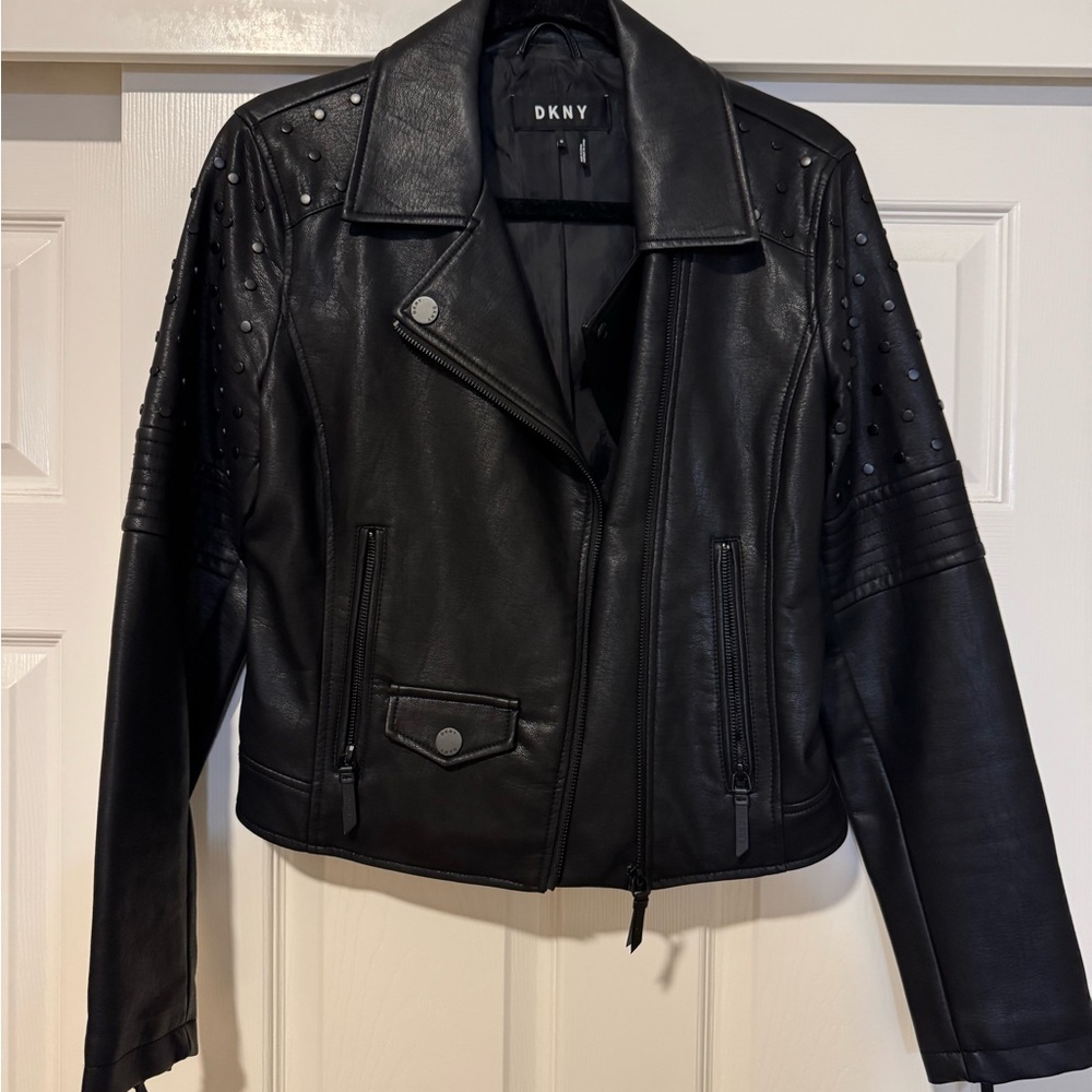 DKNY Black Faux Leather Studded Jacket size medium